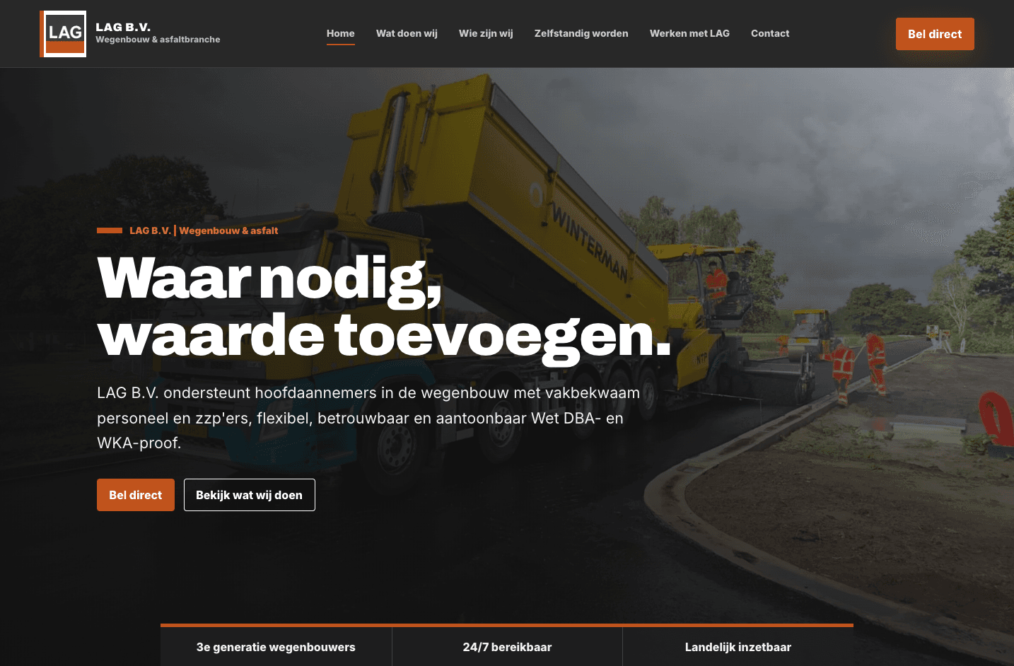 De website van LAG B.V. op een MacBook, met het aanbod voor wegenbouwprojecten en een directe belknop