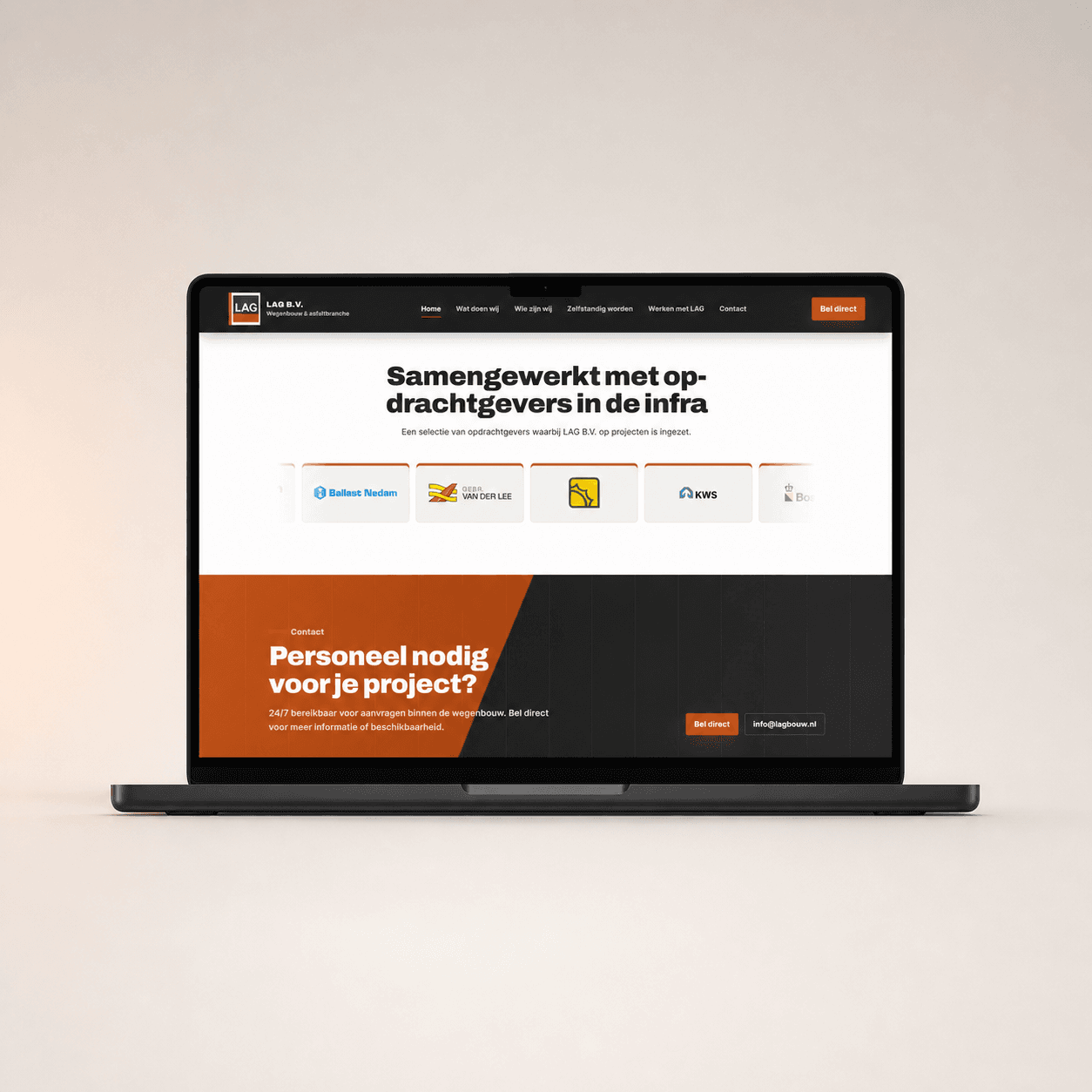 Opdrachtgevers en contactgedeelte op de website van LAG B.V.